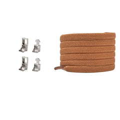 A bundle of brown Cross buckle Elastic Shoe laces No Tie Shoelaces for Sneakers is coiled neatly next to four small metal shoelace tips arranged in two rows on a white background.