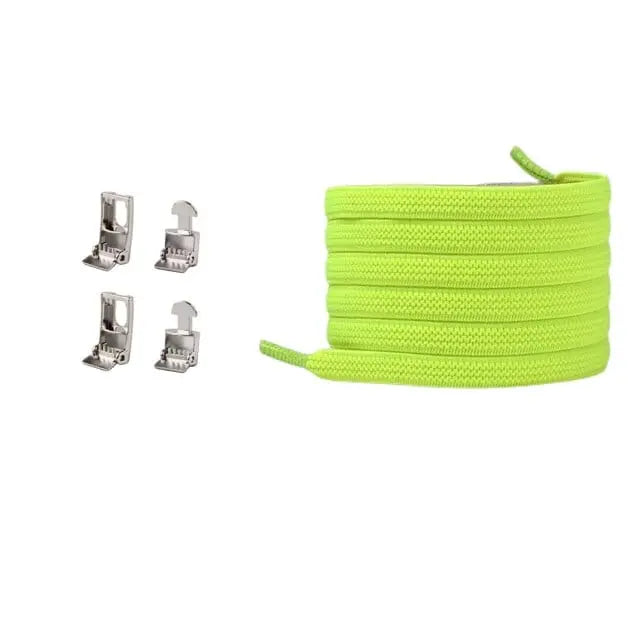 A coil of bright green Cross buckle Elastic No Tie Shoelaces for Sneakers lies next to four small silver lace tips, all displayed on a white background.
