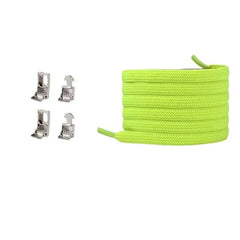 A coil of bright green Cross buckle Elastic No Tie Shoelaces for Sneakers lies next to four small silver lace tips, all displayed on a white background.