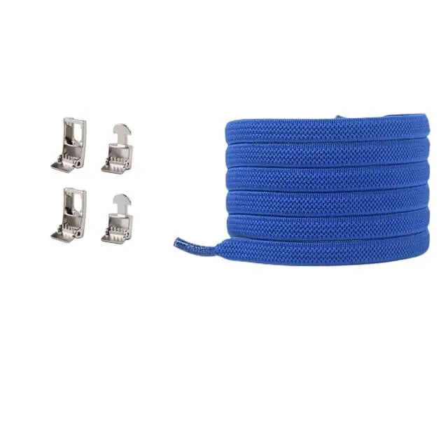 A coiled blue Cross buckle Elastic No Tie Shoelace for Sneakers is shown next to four small silver clasps arranged in two rows.