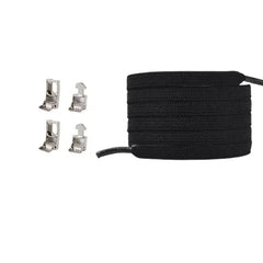 A coiled black Cross Buckle Elastic No Tie Shoelace is displayed on the right, with four silver shoelace aglets arranged in a square on the left, all set against a white background.