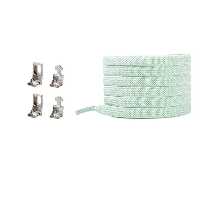 A coiled light blue Cross buckle Elastic Shoe lace is shown next to four small silver aglets, displayed in pairs and from two angles. No Tie Shoelaces for Sneakers—flat, elastic, suitable for kids and adults; one size fits all.
