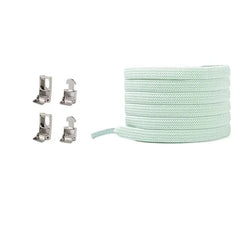A coiled light blue Cross buckle Elastic Shoe lace is shown next to four small silver aglets, displayed in pairs and from two angles. No Tie Shoelaces for Sneakers—flat, elastic, suitable for kids and adults; one size fits all.
