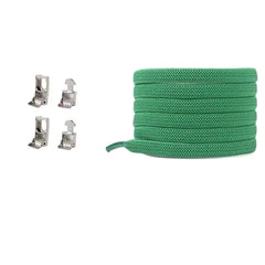 A coiled green Cross buckle Elastic No Tie Shoelace for Sneakers is shown on the right, with four silver aglets on the left, all displayed against a white background.