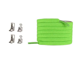 On the right is a roll of bright green Cross buckle Elastic Shoelaces No Tie Shoelaces for Sneakers, with four small silver metal end clips arranged vertically on the left, all set against a white background.