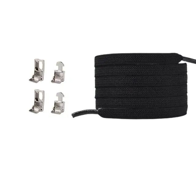 A Cross Buckle No Tie Elastic Shoelace for Sneakers is shown coiled on the right, with four silver aglets lined up vertically on the left, all set against a plain white background.