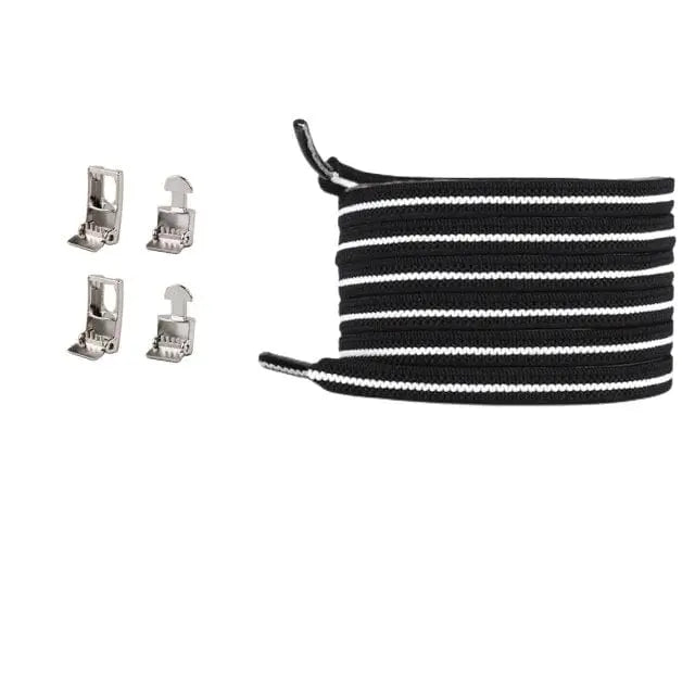 Four small metal cross buckles are shown next to coiled black and white Cross Buckle Elastic No Tie Shoelaces for Sneakers, a one-size-fits-all flat shoelace suitable for kids and adults, on a white background.