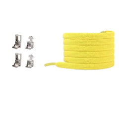 A yellow Cross buckle Elastic Shoe lace (No Tie Shoelaces for Sneakers) is shown coiled beside four silver metal tips on a white background. Suitable for kids and adults, these flat elastic laces fit all shoes.