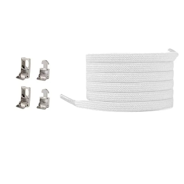 A Cross buckle Elastic No Tie Shoelace for Sneakers is coiled on the right, with four metallic connectors arranged vertically to its left, all displayed against a plain white background.