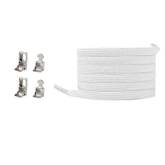 A Cross buckle Elastic No Tie Shoelace for Sneakers is coiled on the right, with four metallic connectors arranged vertically to its left, all displayed against a plain white background.