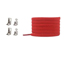 A coiled red Cross buckle Elastic Shoelace is shown on the right, with four metal aglet tips in two vertical columns on the left, all set against a white background.