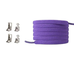 A coiled purple Cross buckle Elastic Shoe lace (No Tie) is shown right, with four silver tip clamps on the left, both against a white background. Perfect for kids and adults; one size fits all sneakers.