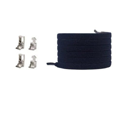 A set of four silver cord ends with a coiled, dark blue Cross buckle Elastic Shoelaces No Tie Shoelaces for Sneakers, Flat and stretchy, displayed side by side on a white background.