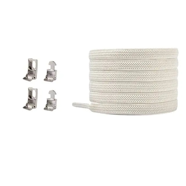 A Cross Buckle Elastic No Tie Shoelace for sneakers is coiled on the right, with four small metallic cord end clamps on the left, all shown against a plain white background.