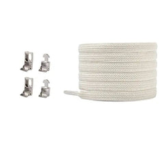 A Cross Buckle Elastic No Tie Shoelace for sneakers is coiled on the right, with four small metallic cord end clamps on the left, all shown against a plain white background.