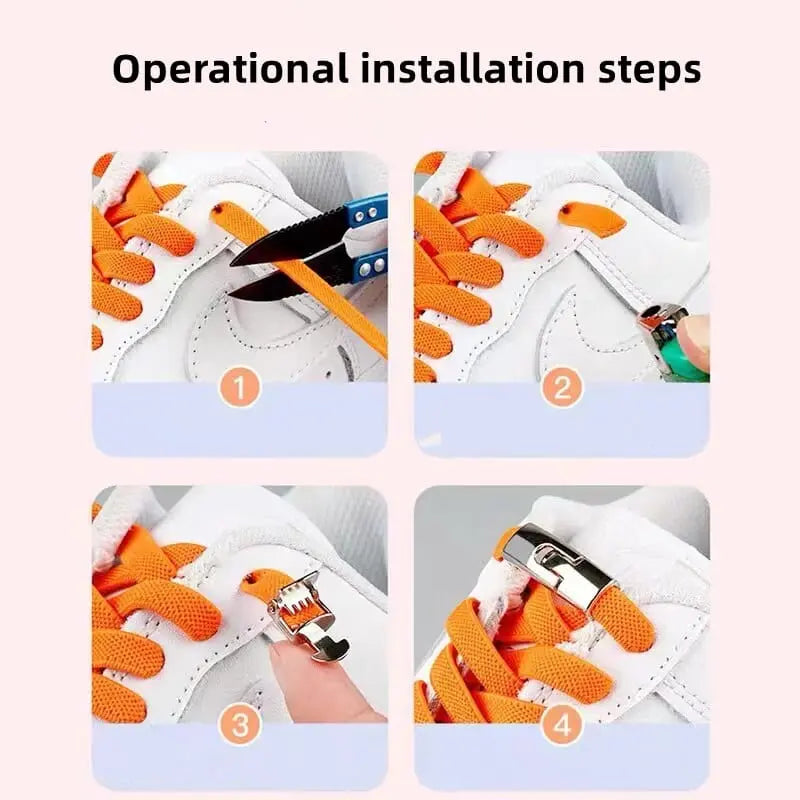 Four-step guide to installing the Cross buckle Elastic No Tie Shoelaces for Sneakers in orange on white shoes using scissors, a lighter, and your fingers to secure the metal cross buckle—simple for all ages and shoe types.