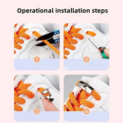 Four-step guide to installing the Cross buckle Elastic No Tie Shoelaces for Sneakers in orange on white shoes using scissors, a lighter, and your fingers to secure the metal cross buckle—simple for all ages and shoe types.