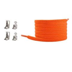 A coiled orange Cross buckle Elastic No Tie Shoelace for Sneakers is shown beside four silver aglets, all on a white background. These flat, elastic laces fit kids’ and adults’ shoes and are designed for easy, secure fastening.