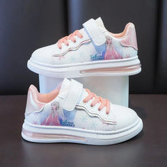 A pair of white Disney Frozen sneakers for girls featuring Elsa and pink laces.