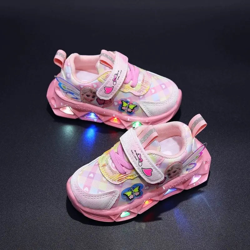 Disney LED Casual Sneakers for girls feature Frozen Elsa princess print, PU leather, Velcro straps, non-slip soles, and multicolored light-up LEDs. Perfect pink shoes for spring, ideal for young Disney fans. Displayed on a dark background.