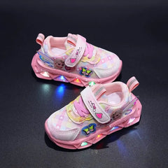 Disney LED Casual Sneakers for girls feature Frozen Elsa princess print, PU leather, Velcro straps, non-slip soles, and multicolored light-up LEDs. Perfect pink shoes for spring, ideal for young Disney fans. Displayed on a dark background.