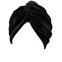 A black velvet turban-style cap with a knotted front and pleated texture.