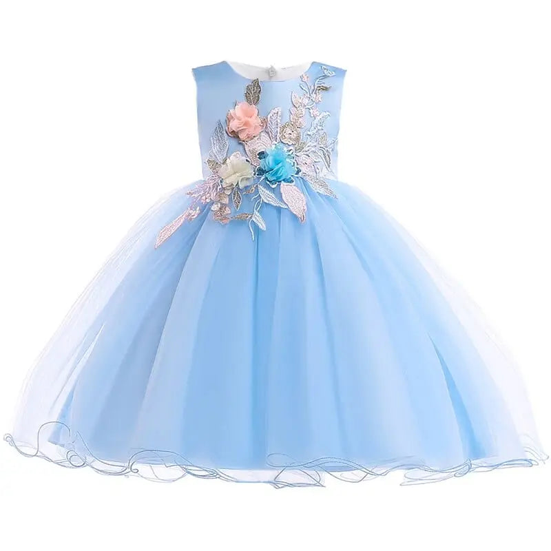 The Elegant Kids Dress is a light blue, sleeveless, knee-length party dress for girls aged 3-10 with a full tulle skirt and pink, blue, and silver floral appliqué—perfect for birthdays, weddings, and special occasions.