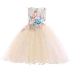 Elegant Kids Dress for Girls, ages 3-10. Sleeveless ivory princess dress with a tulle skirt and pastel floral appliques—perfect for birthdays, weddings, or parties. Ideal summer outfit for flower girls and special occasions.