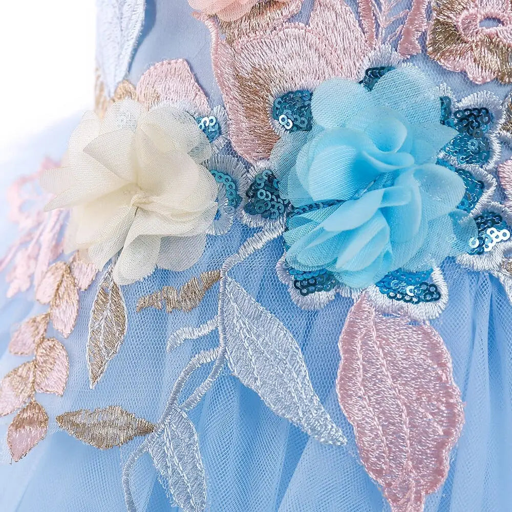 Close-up of the Elegant Kids Dress for Girls, ideal for birthdays or weddings, featuring pink and gold leaf embroidery, blue and ivory fabric flowers, and sparkling blue sequins—a perfect summer party dress for ages 3-10.