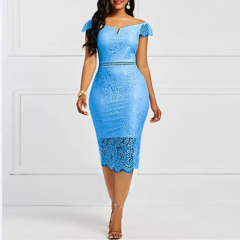 Showlu Fashion Store 0 Elegant Lace Evening Wedding Party Dress for Women Sexy Hollow Out Office Ladies Bodycon Dresses Fashion Birthday Club Vestidos