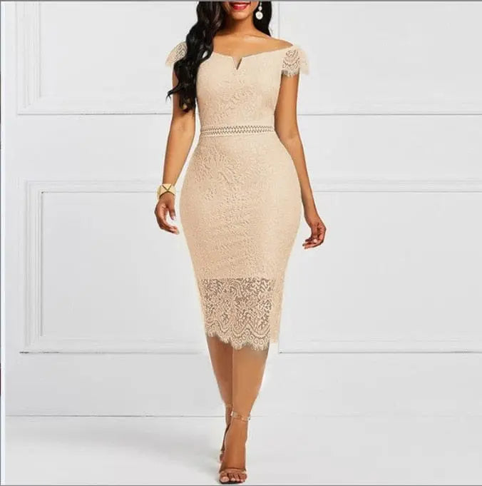 A woman wearing the Elegant Lace Evening Wedding Party Dress—an off-the-shoulder, bodycon lace dress with cap sleeves and scalloped hem—stands against a white background.