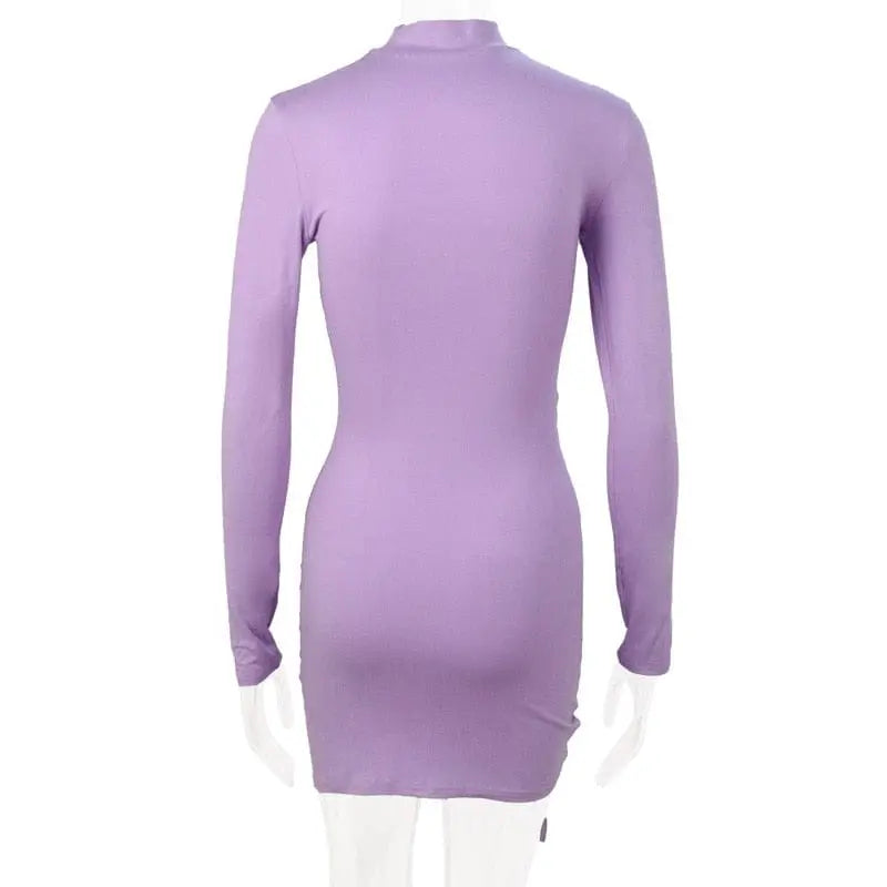 A featureless mannequin displays the Elegant Lace Up Dress—a purple pleated, slim-fit, long-sleeve party bodycon mini dress—shown from the back against a plain white background.