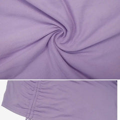 Light purple fabric is shown close-up: the top image highlights its soft texture and swirl pattern, while the bottom shows a ruched seam—ideal for the Elegant Lace Up Dress Solid Pleated Slim Fit Party Bodycon Female Sexy Mini Dress.