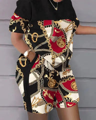 A woman wears a two-piece set featuring a black and white chain-print top and matching shorts.
