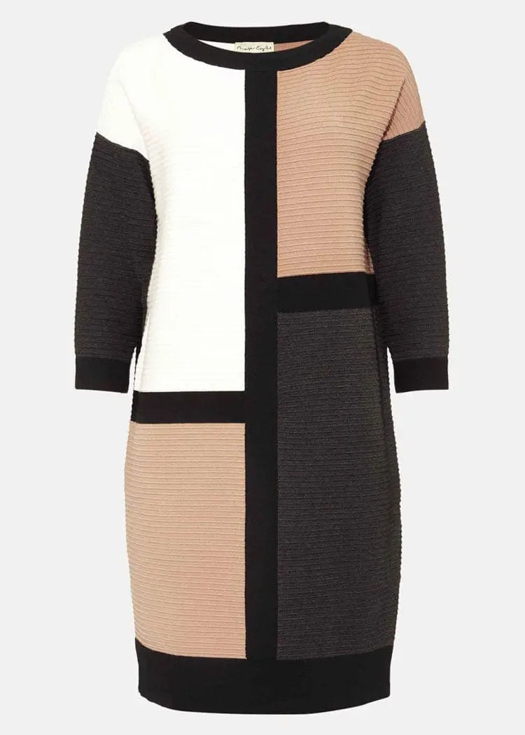 Showlu Fashion Store 50010850 UK8/tile Bust size 98 / Khaki(Contrast Color) European and American Entry Lux Crew Neck Loose Slim Looking Contrast Color Casual Ol Knitted Dress Export Original Sample Women's Clothes plus Size Early Autumn