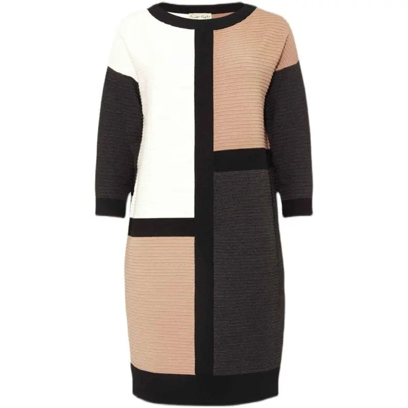 Showlu Fashion Store 50010850 European and American Entry Lux Crew Neck Loose Slim Looking Contrast Color Casual Ol Knitted Dress Export Original Sample Women's Clothes plus Size Early Autumn