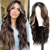 A long, wavy brown wig with blonde face-framing highlights shown on a model and a mannequin head.
