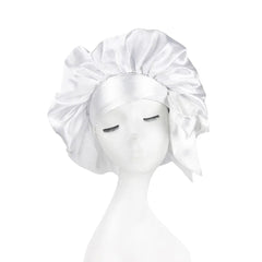 A plain white satin bonnet with an adjustable wide band on a mannequin head.