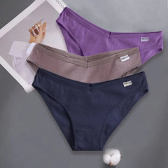 A set of three solid-colored ribbed cotton briefs in purple, brown, and dark blue.
