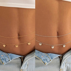 Two close-up photos show a woman wearing gold and silver Fashion Classic Cute Butterfly Waist Chains as stylish, thin body jewelry above light blue jeans and a white crop top—perfect summer vacation accessories.
