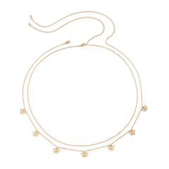 The Fashion Classic Cute Butterfly Waist Chain features two thin gold chains with small butterfly charms, adding a boho touch to your summer vacation style. Perfect as simple, sexy body jewelry for women. Displayed in a circle on a white background.