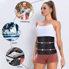 A woman in athletic wear models the Fashion Design Quality Detachable Slimming Corset Fitness Shaper Waist Belt Wrap High Compression Waist Trainer. Insets show its use for shopping, sports, and office, while arrows highlight its slimming and supportive benefits.
