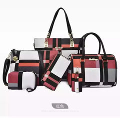 The Fashion Ladies Bag Handbags Sets 6 in 1 Handbag for Women features six matching red, black, white, and pink plaid bags with gold hardware and black handles, all displayed against a white background.