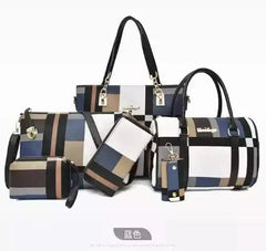 The Fashion Ladies Bag Handbags Sets 6 in 1 for Women includes matching handbags and wallets with geometric patterns in navy blue, white, brown, and black, displayed against a plain background.