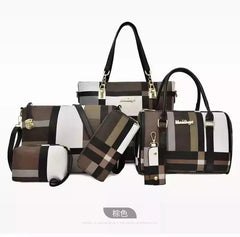 The Fashion Ladies Bag Handbags Sets 6 in 1 Handbag for Women features matching plaid accessories—two handbags, a crossbody bag, a clutch, and a key pouch—in brown, black, white, and beige arranged on a white background.