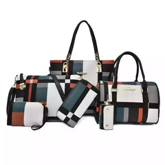 The Fashion Ladies Bag Handbags Sets 6 in 1 for Women features six matching bags with a geometric pattern in black, white, teal, rust, and beige, displayed on a clean white background.