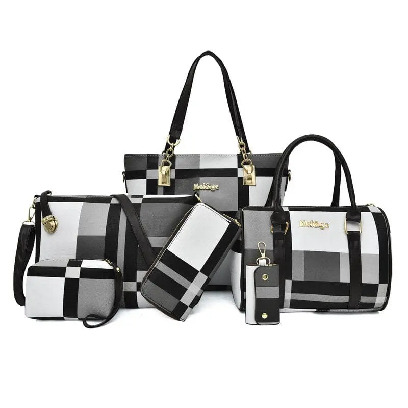 The Fashion Ladies Bag Handbags Sets 6 in 1 includes two handbags, a wallet, crossbody bag, clutch, and keychain in black, white, and gray checkered pattern with black straps and gold hardware.