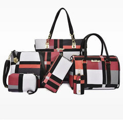 The Fashion Ladies Bag Handbags Sets 6 in 1 Handbag for Women includes six matching bags and accessories in a chic red, black, white, and gray plaid with gold accents and black straps, displayed on a white background.