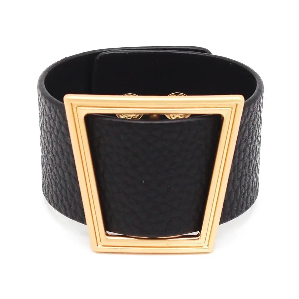 The Fashion Leopard Leather Bracelet for women is a wide, textured cuff featuring a simple V-shaped gold-toned centerpiece buckle, perfect as an all-match charm wristband for any outfit.