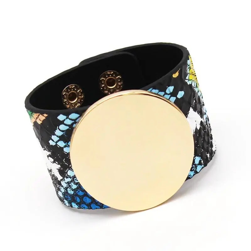 The Fashion Leopard Leather Bracelet for women features a wide, colorful snakeskin-patterned band with a large gold center plate and snap fasteners—an eye-catching V word charm cuff wrap wristband.